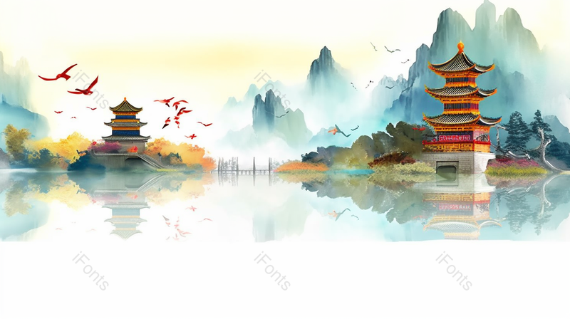 山脉国风古典山川湖泊河流植物风景插画,插画/手绘图,插画/手绘图库,插画/手绘图下载,插画/手绘